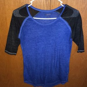 Blue top, charcoal grey quarter sleeves